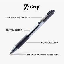 Retractable ballpoint pen diagram: metal clip, comfort grip, medium 1.0mm point