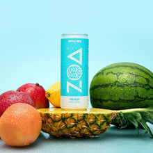 Tropical Punch zero sugar energy drink can, blue with ZOA logo