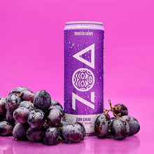 Frosted Grape zero sugar energy drink can, purple with ZOA logo and zero sugar