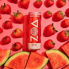Strawberry Watermelon zero sugar energy drink can, red with ZOA logo