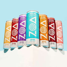 Assorted ZOA zero sugar energy drink cans, six colors shown