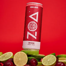Cherry Limeade zero sugar energy drink can, red with ZOA logo