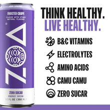 Frosted Grape zero sugar energy drink can, purple with ZOA logo and icons