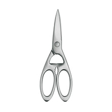 Stainless steel kitchen shears with pointed blades and twin oval finger loops