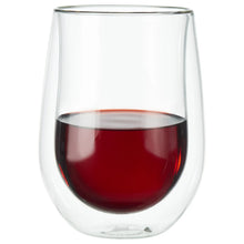 Stemless wine glass filled with red wine