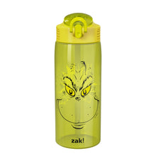 Kids plastic water bottle with straw and handle, green Grinch face graphic.