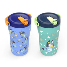 Close view of two Bluey kids stainless tumblers with orange and green lid handles
