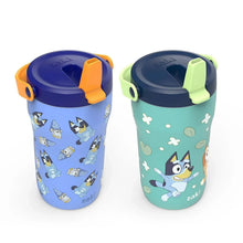 Pair of Bluey kids stainless tumblers: blue with orange lid, teal with green lid