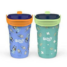Kids double-wall stainless tumbler set with Bluey prints, orange and green lidds