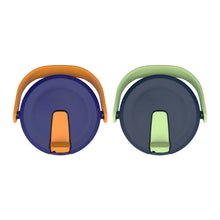 Two kids tumblers showing navy lids with orange and green handle inserts