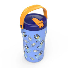 Blue kids stainless tumbler with Bluey graphics and orange lid handle