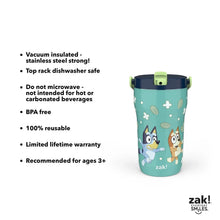 Teal Bluey kids stainless tumbler with navy lid and green flip handle