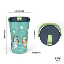 Bluey kids stainless tumbler with teal body, navy lid, and green handle
