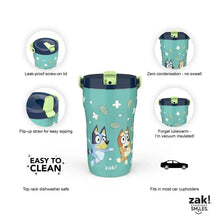 Bluey kids stainless tumbler with swappable lid, illustrated features around it