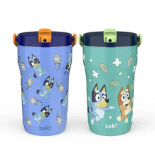 Kids Bluey stainless tumbler pair with blue and teal bodies, orange and green lids