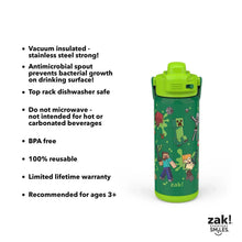 Kids stainless steel straw bottle with green lid and Minecraft-style character graphic
