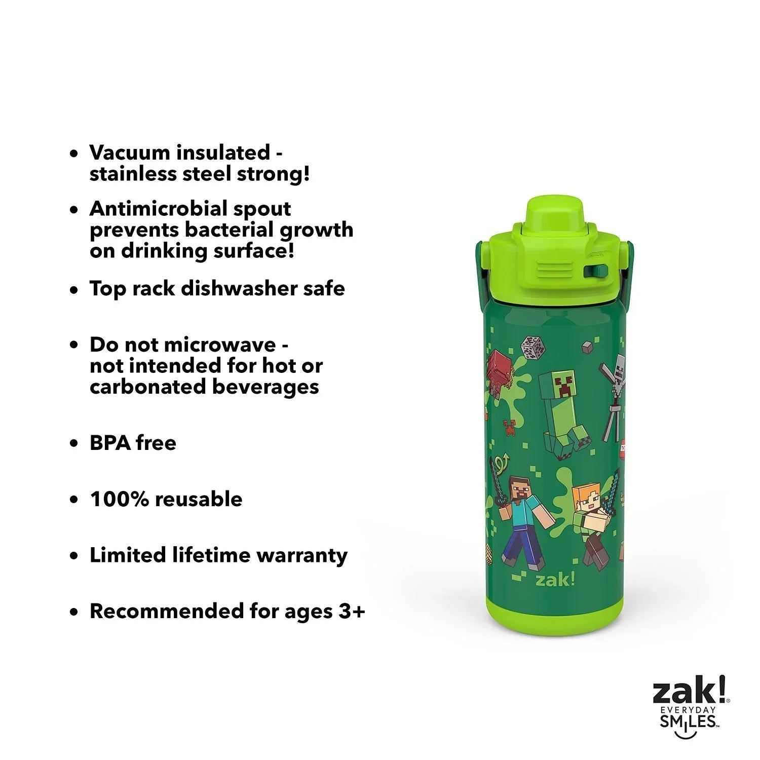 Zak Designs 20-oz. Stainless Steel Double Wall Beacon Straw Bottle for Kids, 2 pack, Choose Character - USA MEGA SHOP