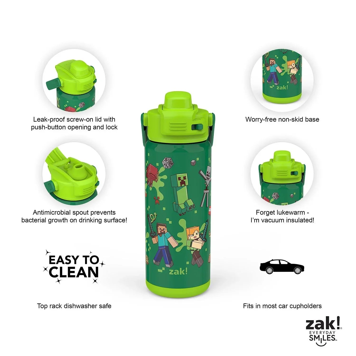 Zak Designs 20-oz. Stainless Steel Double Wall Beacon Straw Bottle for Kids, 2 pack, Choose Character - USA MEGA SHOP