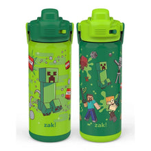 Kids stainless steel straw bottle 2-pack with green lids and Minecraft-style graphics