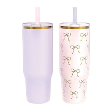 Double-wall tumbler set with straws: lilac plain and pink bow-pattern, gold rim, removable lids