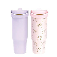 Double-wall tumbler set: lilac plain and pink bow-pattern, gold rim, lids with drinking straws