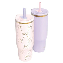 Double-wall tumbler set: pink bow-pattern and lilac plain, gold rim, matching lids and straws