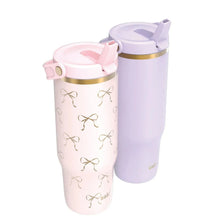 Double-wall tumbler set with straws: pink bow-pattern and lilac plain, gold rim, open lids