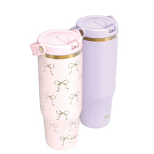 Double-wall tumbler set with lids: pink bow-pattern tumbler and lilac plain tumbler, gold rim