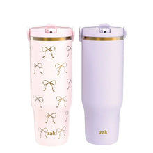 Double-wall tumbler set with straws: pink bow-pattern and lilac plain, gold rim, lids on