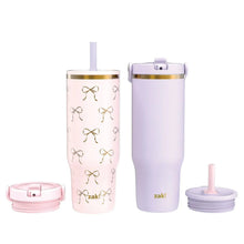 Double-wall tumbler set: lilac plain and pink bow-pattern, gold rim, lids and straws
