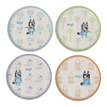 Kids dinnerware set: four round plates with character artwork and colorful rims
