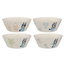 Kids dinnerware set of four beige bowls with blue character and outline designs
