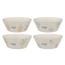 Kids dinnerware set of four beige bowls with blue and green character artwork