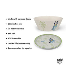 Kids bamboo melamine bowl and plate set with material and care icons on white