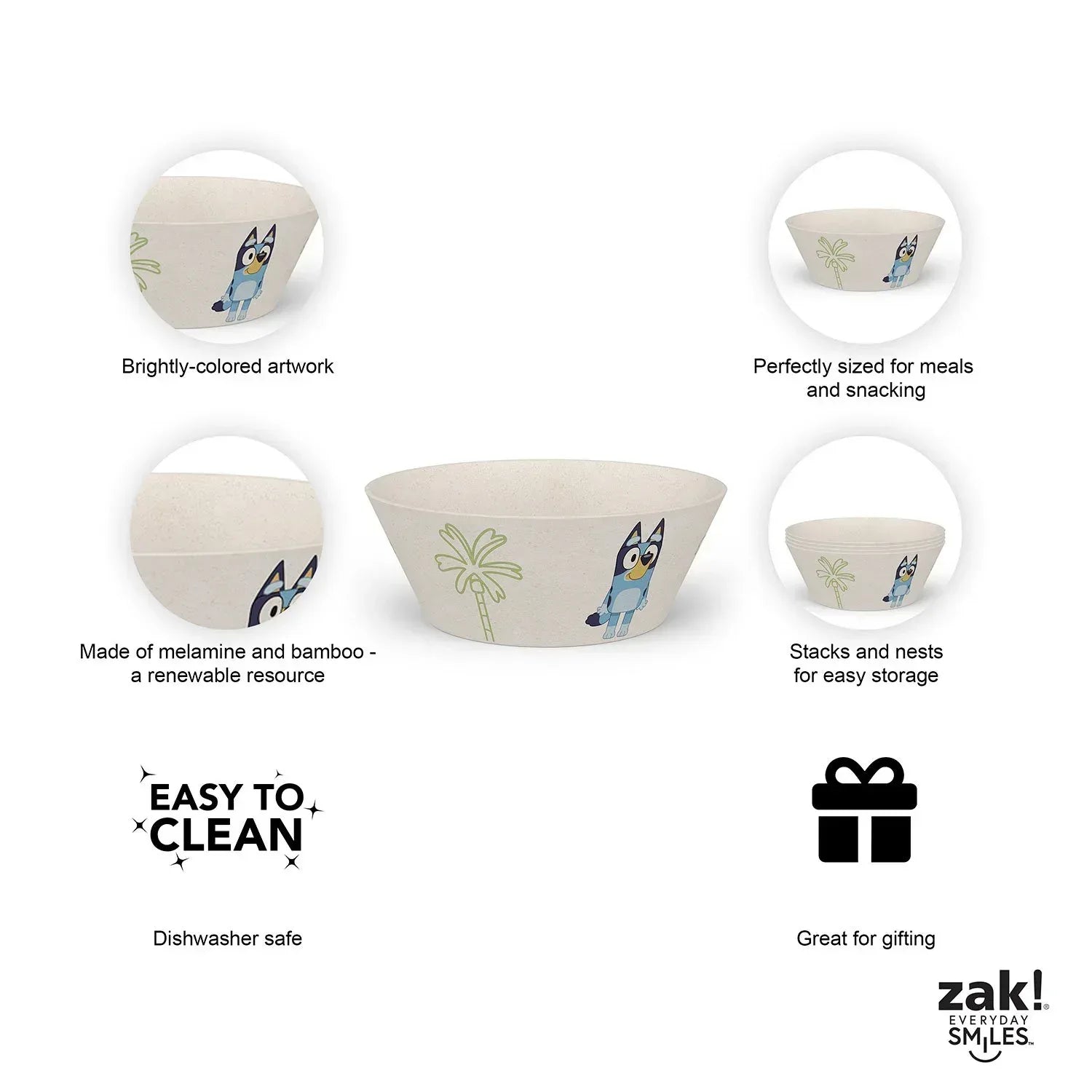 Zak Designs 8-Piece Bamboo Melamine Kids Dinnerware Set, Choose Character