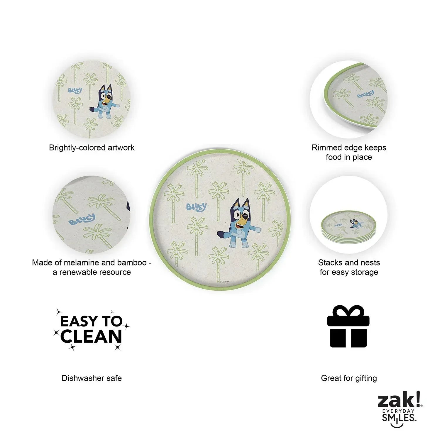 Zak Designs 8-Piece Bamboo Melamine Kids Dinnerware Set, Choose Character