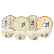 Kids bamboo melamine dinnerware set with four bowls and plates, blue character artwork