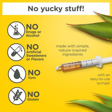 Syringe applicator for cough syrup, icons show no drugs, alcohol, dyes, gluten