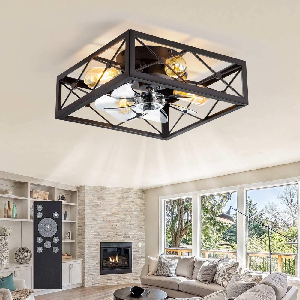 Zardon 16" Low Profile Caged Ceiling Fan with Light & Remote Control, Modern Brown Wood Finish, 6-Speed Quiet DC Motor for Indoor Spaces - USA MEGA SHOP
