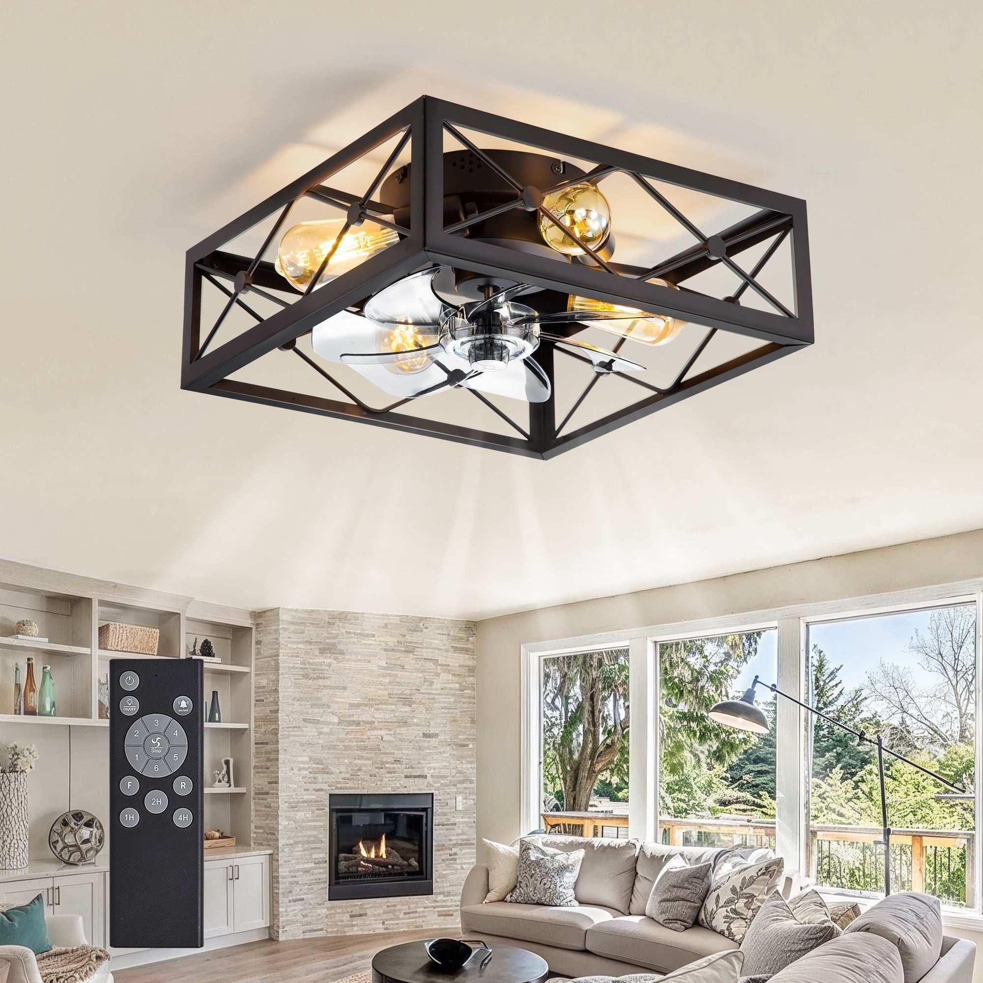 Zardon 16" Low Profile Caged Ceiling Fan with Light & Remote Control, Modern Brown Wood Finish, 6-Speed Quiet DC Motor for Indoor Spaces