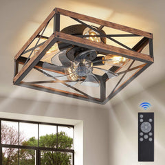 Zardon 16" Low Profile Caged Ceiling Fan with Light & Remote Control, Modern Brown Wood Finish, 6-Speed Quiet DC Motor for Indoor Spaces - USA MEGA SHOP