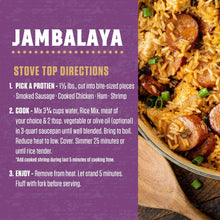Jambalaya stove top directions panel beside a serving photo of rice and sausage.