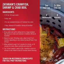 Zatarain's Crawfish, Shrimp & Crab Boil back label with ingredients and cooking directions