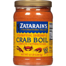 Zatarain's Crawfish, Shrimp & Crab Boil seasoning jar, orange-brown spice, 4.5 lb