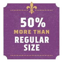 Promotional label reading “50% more than regular size” with fleur-de-lis icon