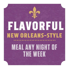 Flavorful New Orleans-style meal anytime label with fleur-de-lis icon