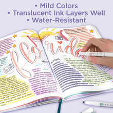 Dual-tip highlighters highlighting text in a notebook with light translucent pastel ink