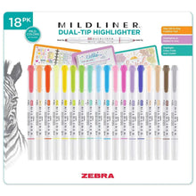 Zebra Mildliner double-ended highlighter set, 18 assorted mild colors, white barrels