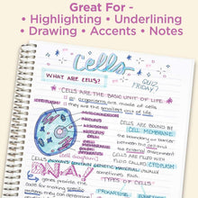Dual-tip highlighters adding colored highlights to a biology study page in a notebook
