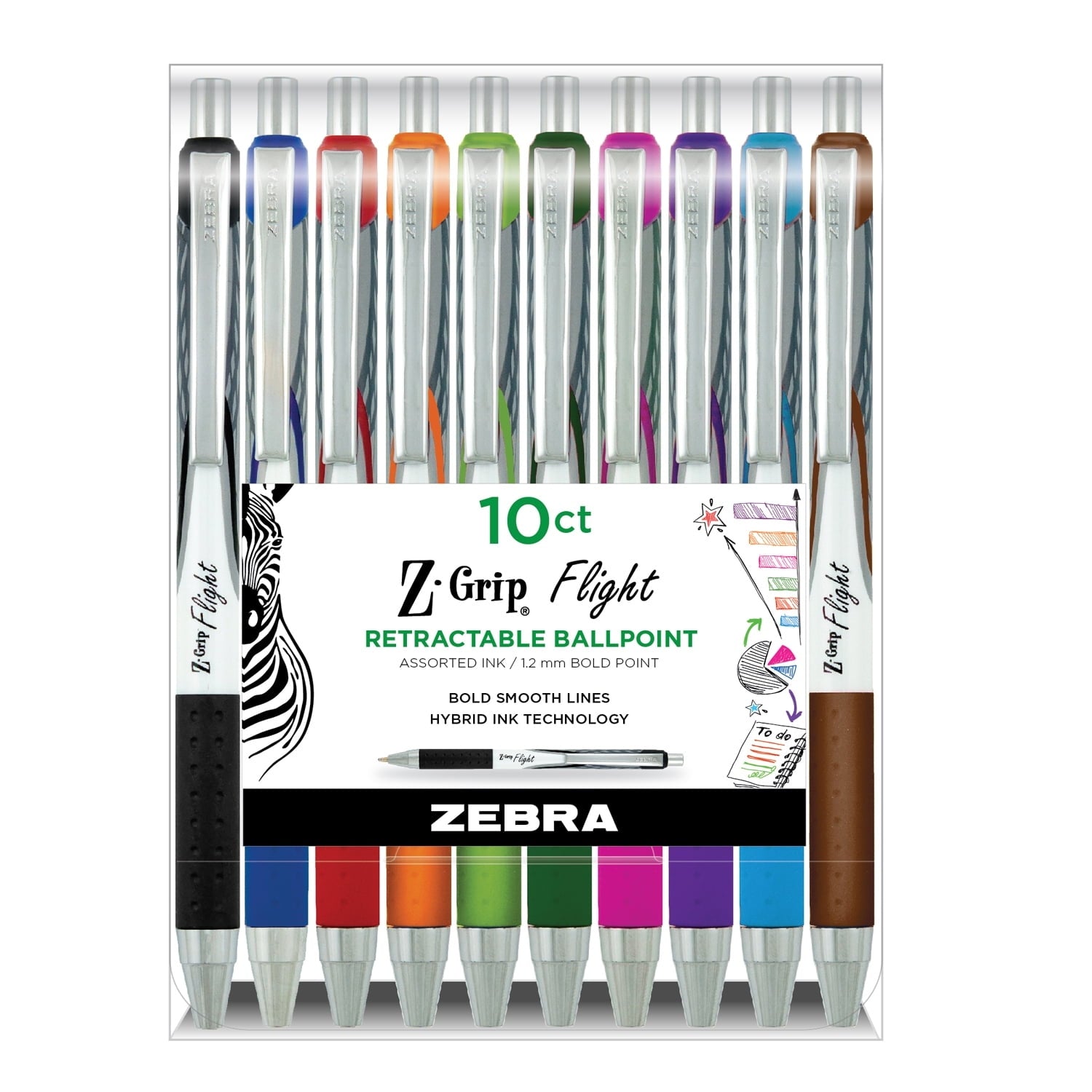 Zebra Pen Z-Grip Flight Retractable Ballpoint Pens Bold 1.2 mm Assorted Ink 10 Count